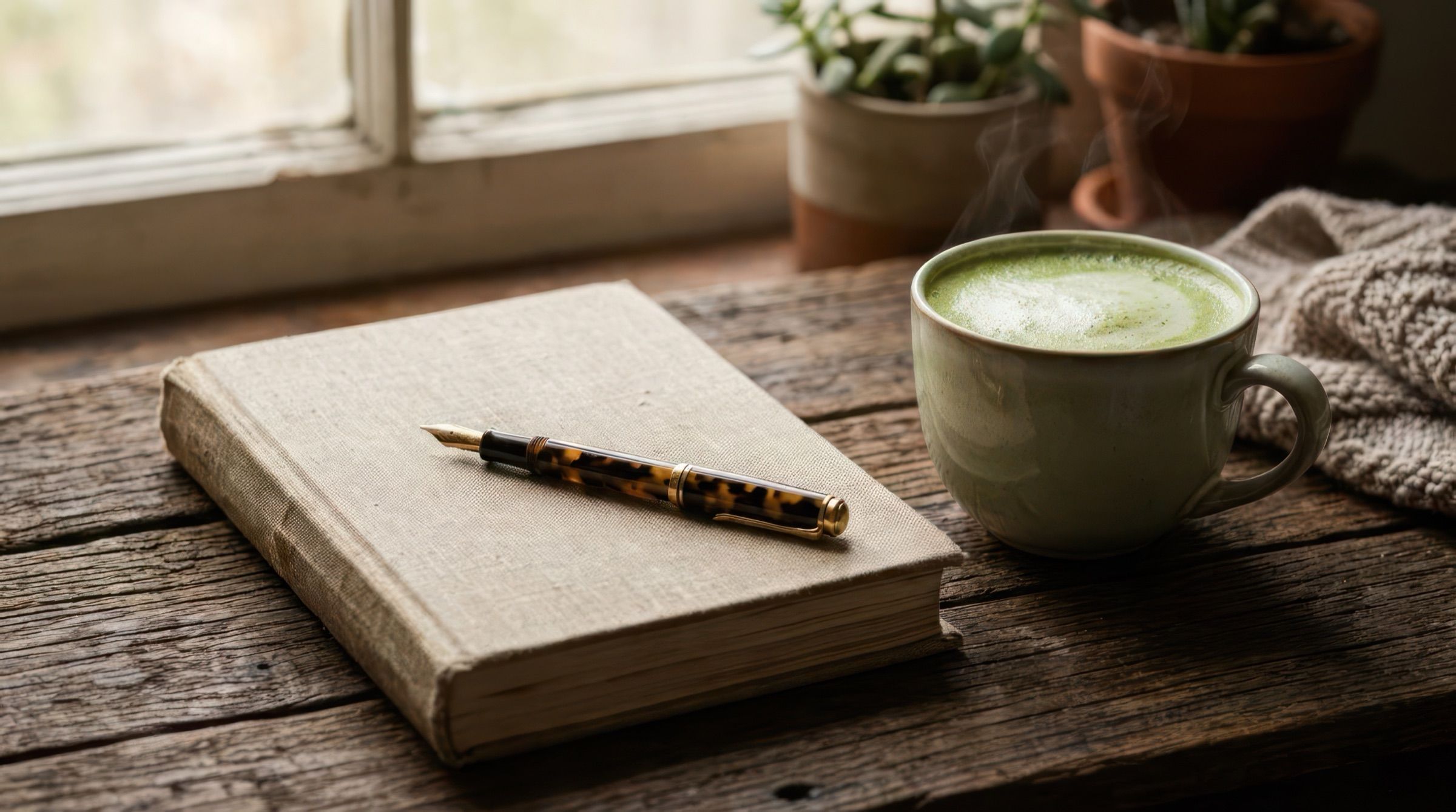 A mug of green tea beside a cloth-bound notebook and pen on a wooden table by a window